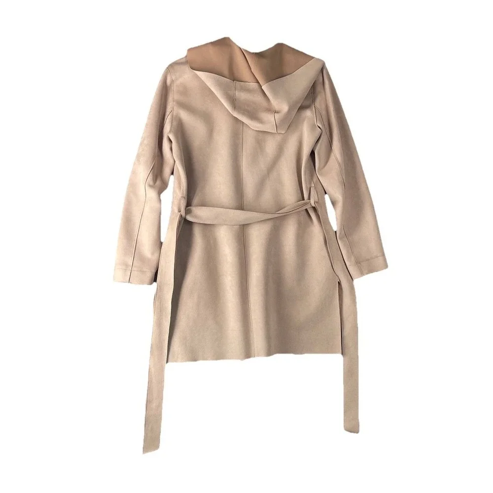 Zara Coat Women's‎ Faux Suede Trench Cream Beige Belted Mid Length Hooded Sz S